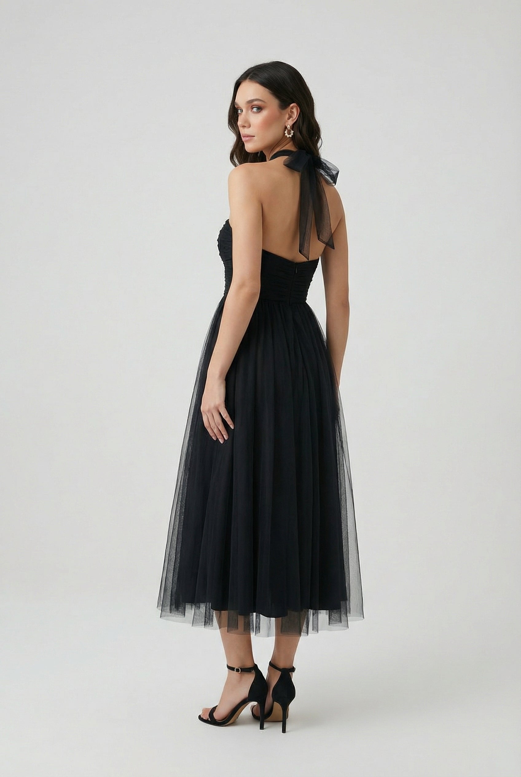 Sophia | Elegant Long Sleeve Black Midi Dress with Flattering Silhouette - Lumina