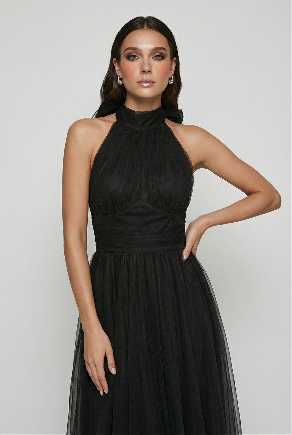 Sophia | Elegant Long Sleeve Black Midi Dress with Flattering Silhouette - Lumina