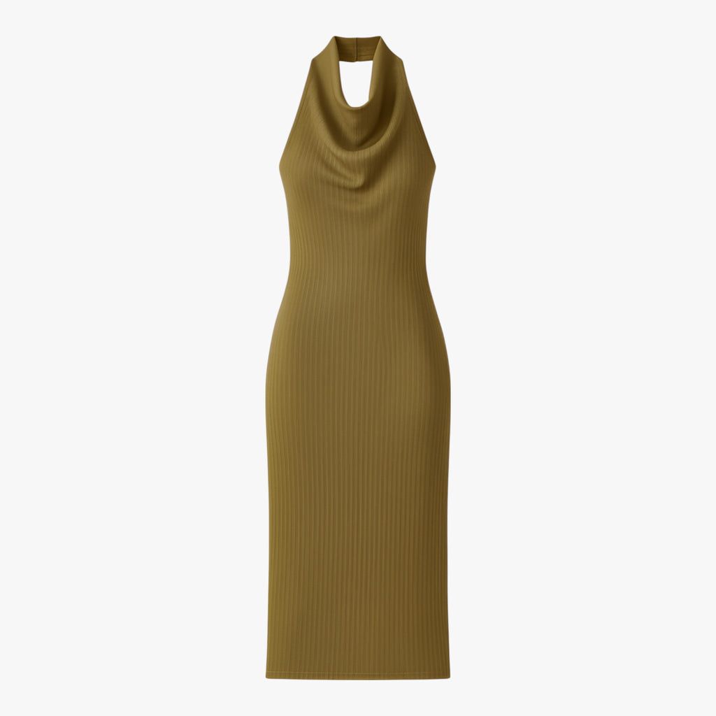 Sophia | Elegant Olive Green Midi Dress with Backless Design - Lumina