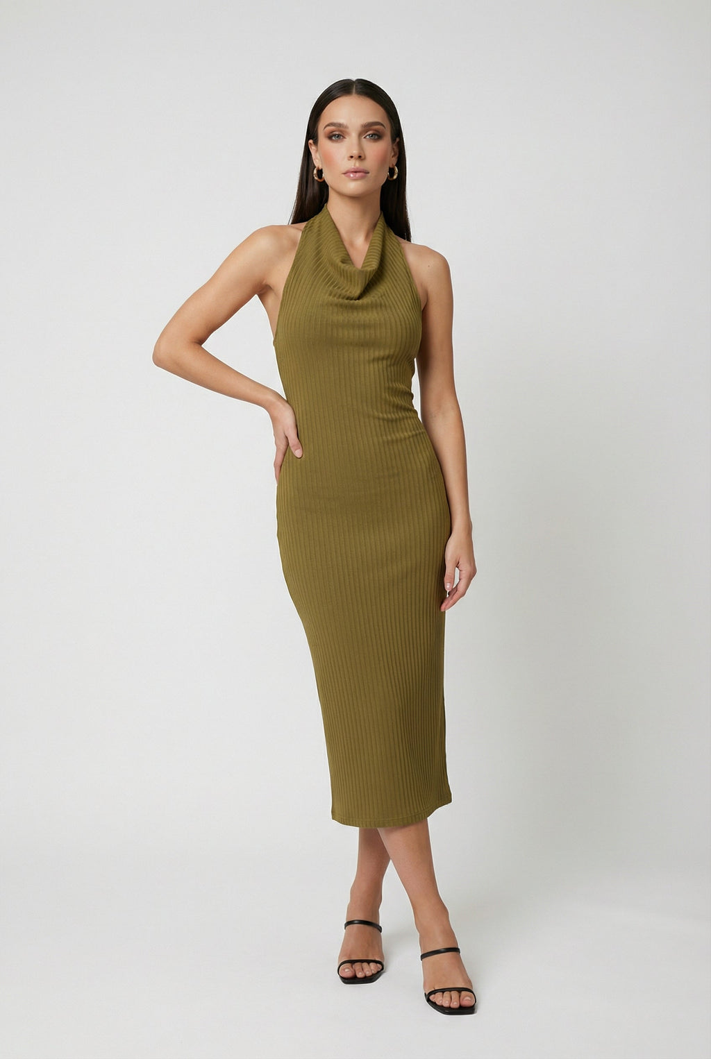 Sophia | Elegant Olive Green Midi Dress with Backless Design - Lumina
