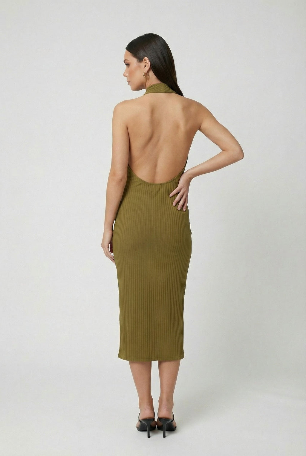 Sophia | Elegant Olive Green Midi Dress with Backless Design - Lumina