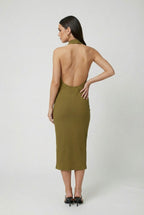 Sophia | Elegant Olive Green Midi Dress with Backless Design - Lumina
