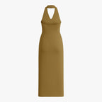 Sophia | Elegant Olive Green Midi Dress with Backless Design - Lumina