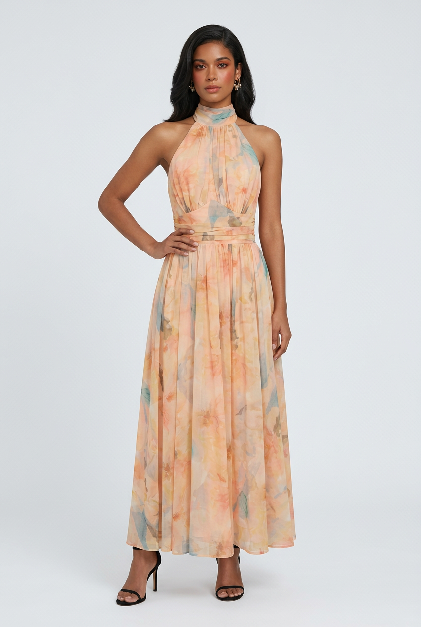 Sophia | Elegant Peach Maxi Dress with Flattering Silhouette - Lumina