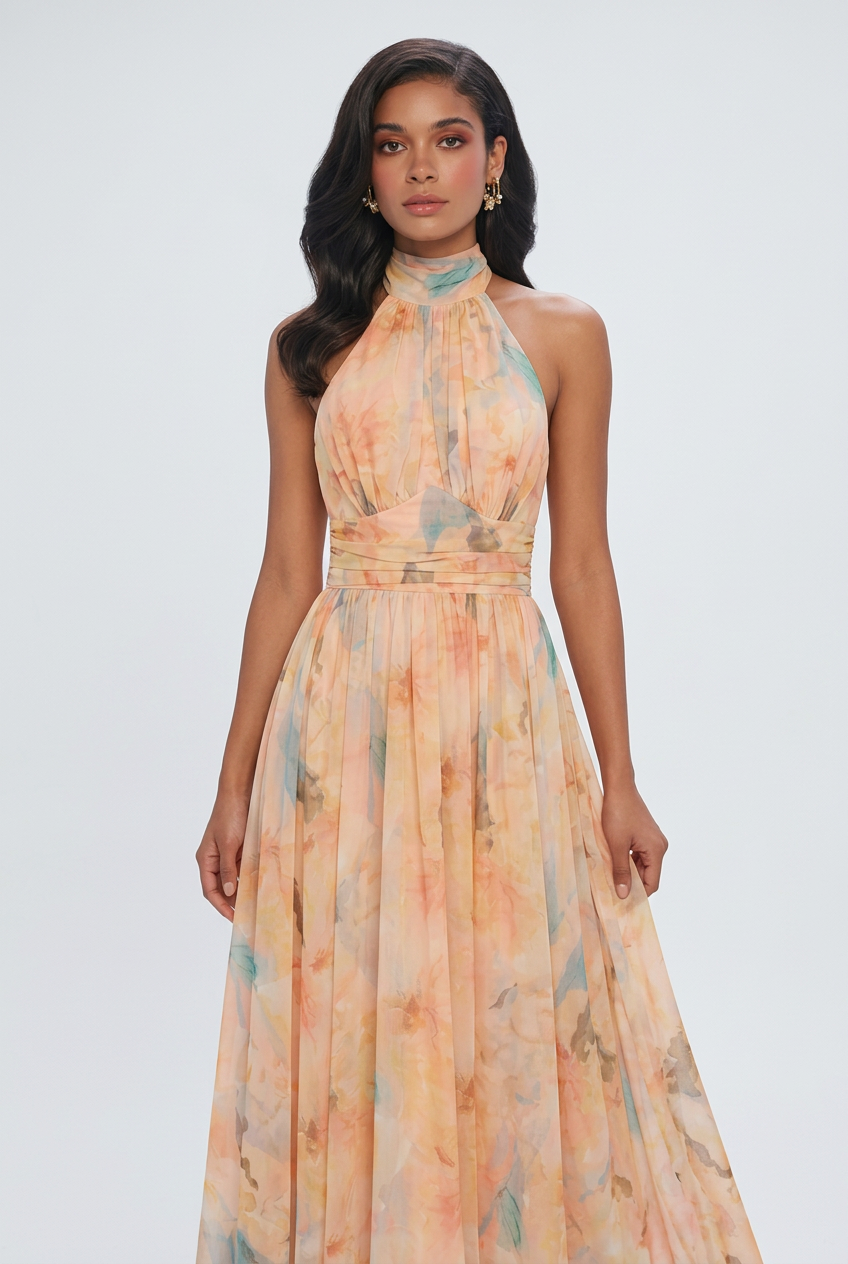 Sophia | Elegant Peach Maxi Dress with Flattering Silhouette - Lumina