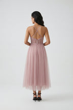 Sophia | Elegant Pink Midi Dress with Flattering Silhouette - Lumina