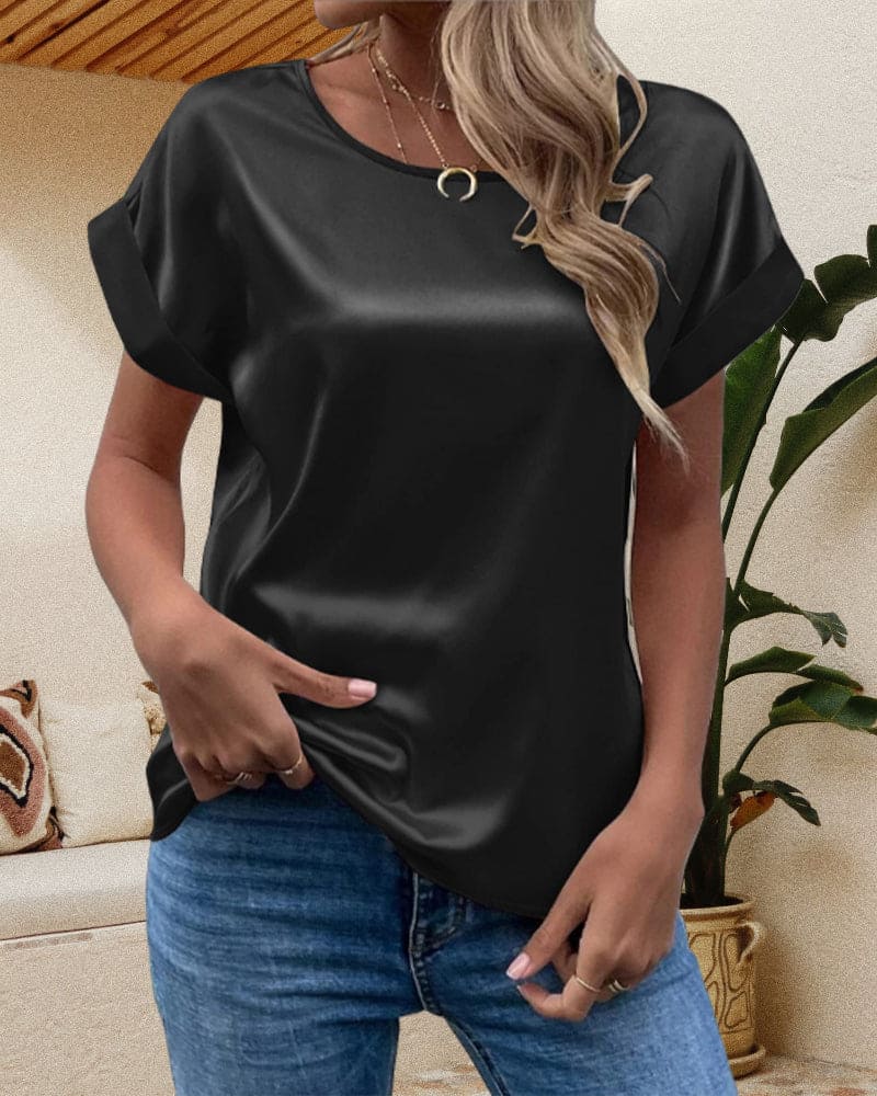 Sophia | Elegant Relaxed Fit Satin Blouse with Short Sleeves - Lumina