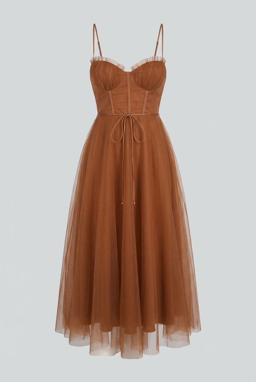 Sophia | Elegant Rust Chiffon Midi Dress with Ruffle Trim - Lumina