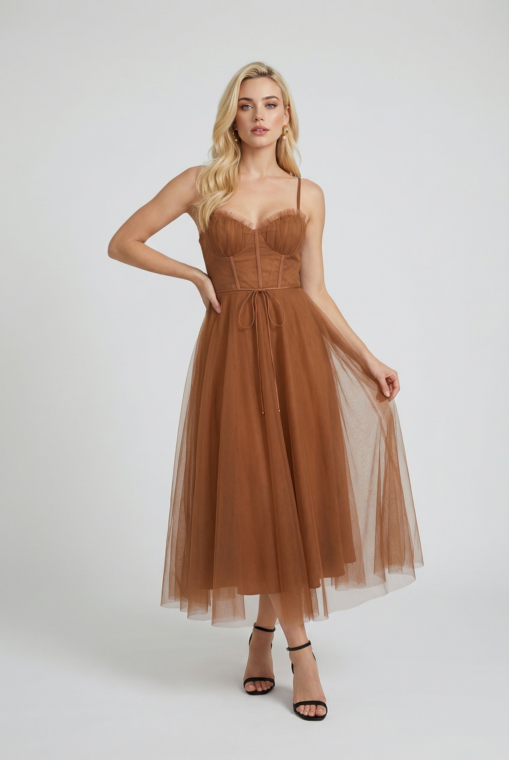 Sophia | Elegant Rust Chiffon Midi Dress with Ruffle Trim - Lumina