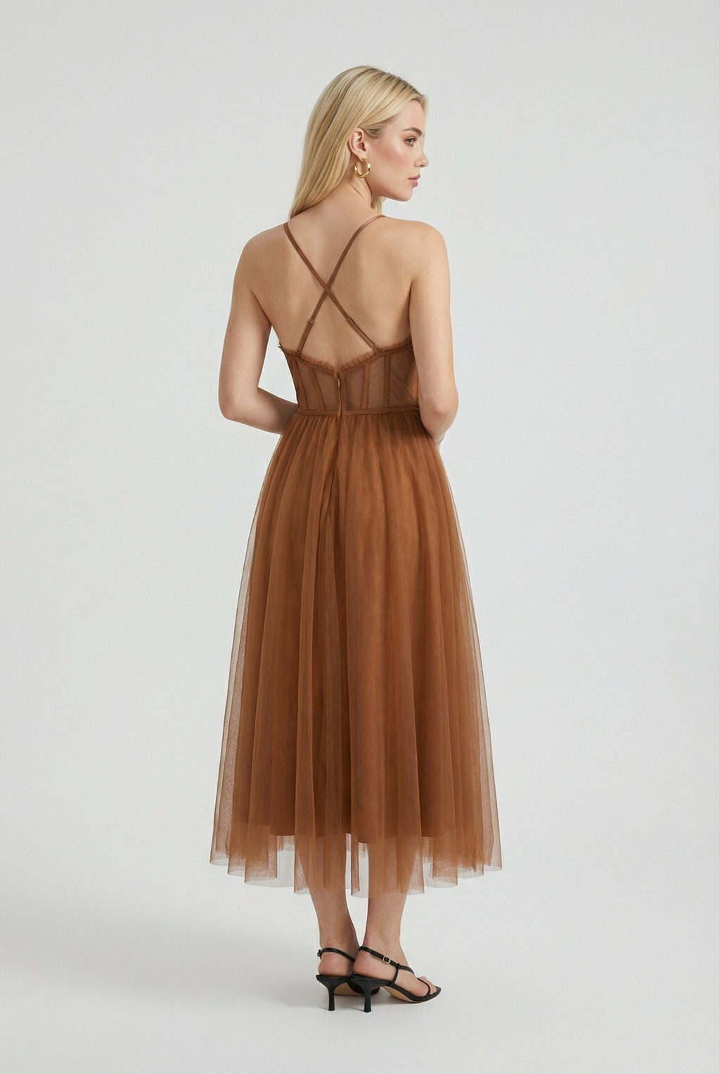 Sophia | Elegant Rust Chiffon Midi Dress with Ruffle Trim - Lumina