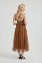 Sophia | Elegant Rust Chiffon Midi Dress with Ruffle Trim - Lumina