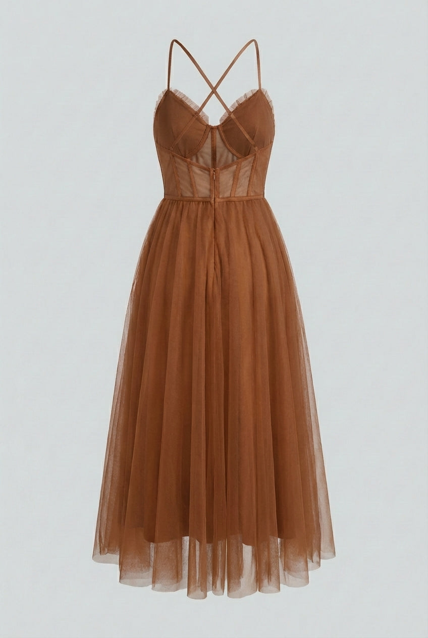 Sophia | Elegant Rust Chiffon Midi Dress with Ruffle Trim - Lumina