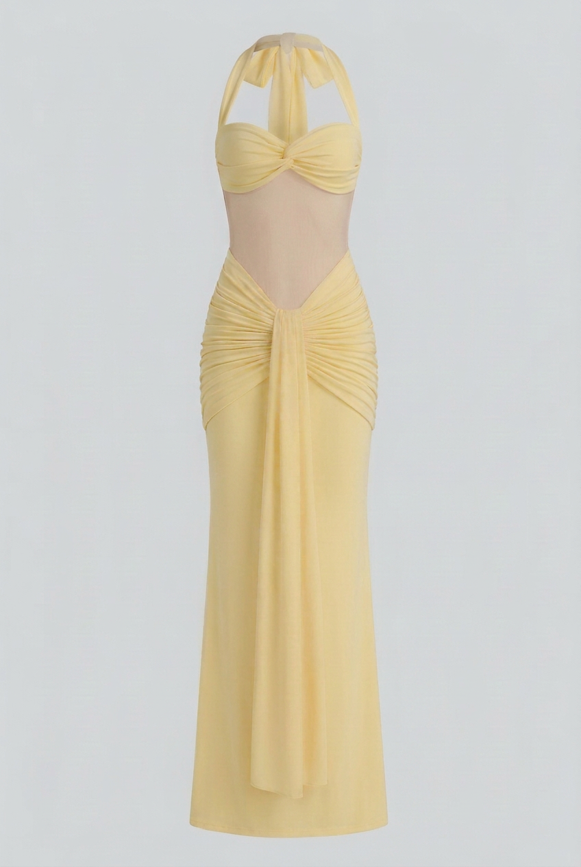 Sophia | Elegant Yellow Halter Dress with Ruched Detail - Lumina