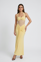 Sophia | Elegant Yellow Halter Dress with Ruched Detail - Lumina