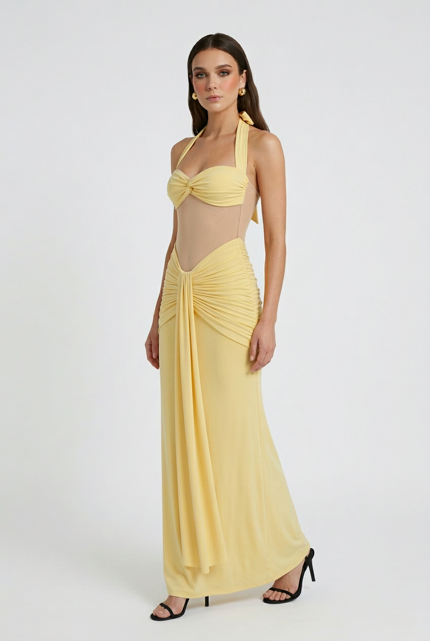Sophia | Elegant Yellow Halter Dress with Ruched Detail - Lumina
