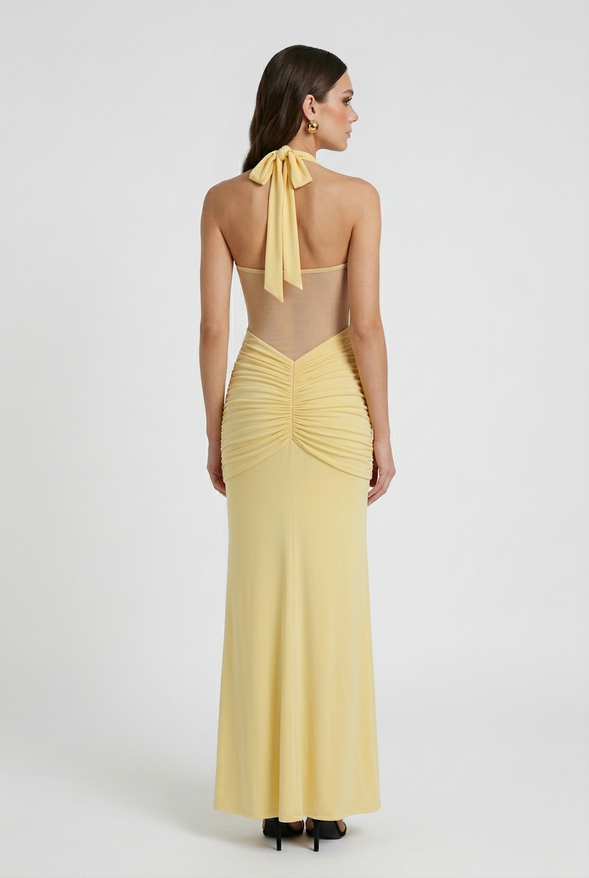Sophia | Elegant Yellow Halter Dress with Ruched Detail - Lumina