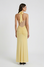 Sophia | Elegant Yellow Halter Dress with Ruched Detail - Lumina