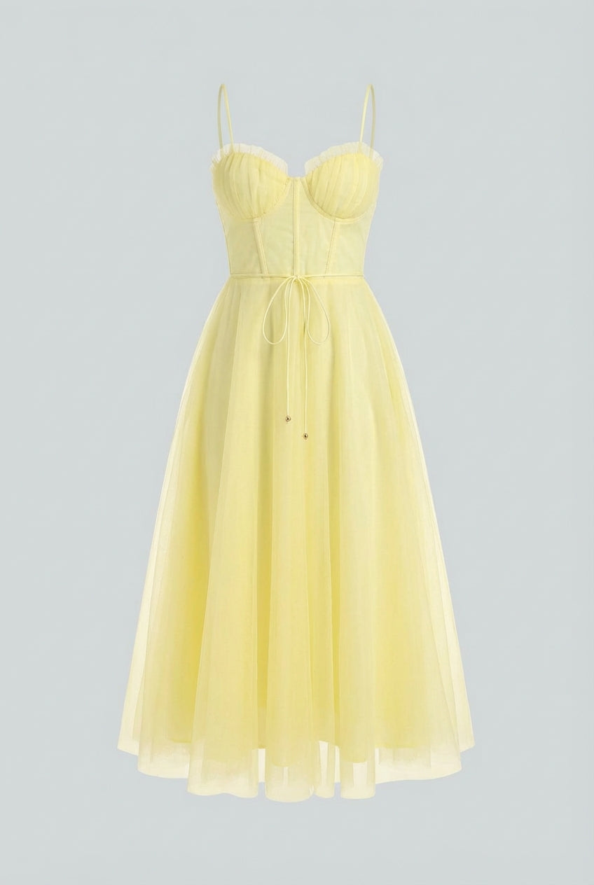 Sophia | Flowy Yellow Midi Dress with Elegant Design - Lumina