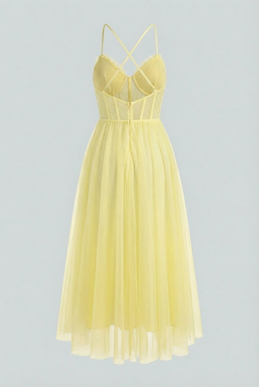 Sophia | Flowy Yellow Midi Dress with Elegant Design - Lumina