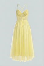 Sophia | Flowy Yellow Midi Dress with Elegant Design - Lumina