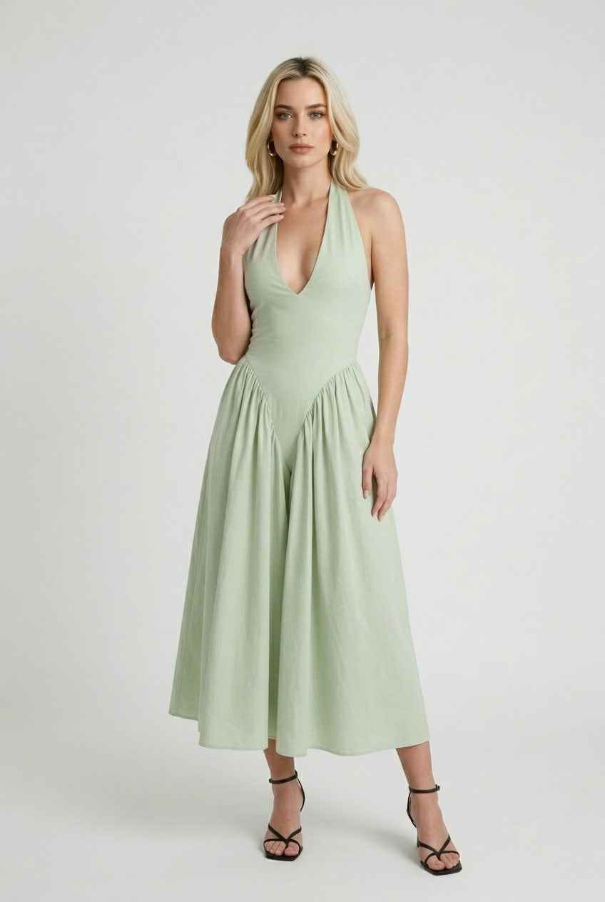 Sophia | Sculpted Green Midi Dress with Flattering Fit - Lumina