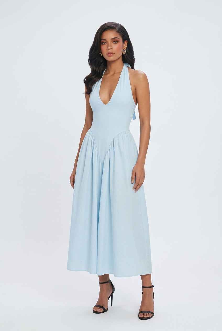 Sophia | Soft Light Blue Midi Dress with Elegant Fit - Lumina