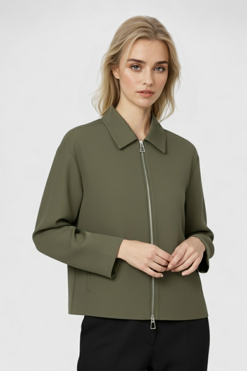 Victoria | Casual Army Green Bomber Jacket with Zipper Closure - Lumina