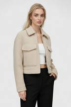 Victoria | Chic Beige Zip Jacket with Vintage Lapel and Pockets - Lumina