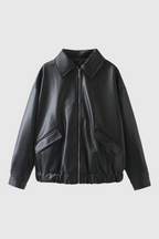 Victoria | Chic Black Leather Jacket with Retro Collar - Lumina