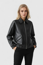 Victoria | Chic Black Leather Jacket with Retro Collar - Lumina