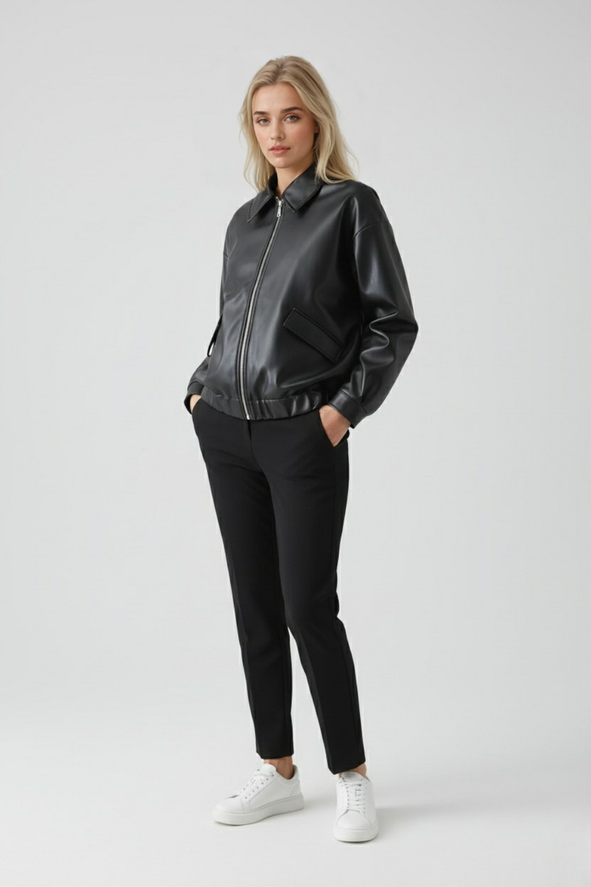 Victoria | Chic Black Leather Jacket with Retro Collar - Lumina
