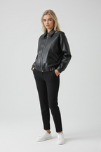 Victoria | Chic Black Leather Jacket with Retro Collar - Lumina