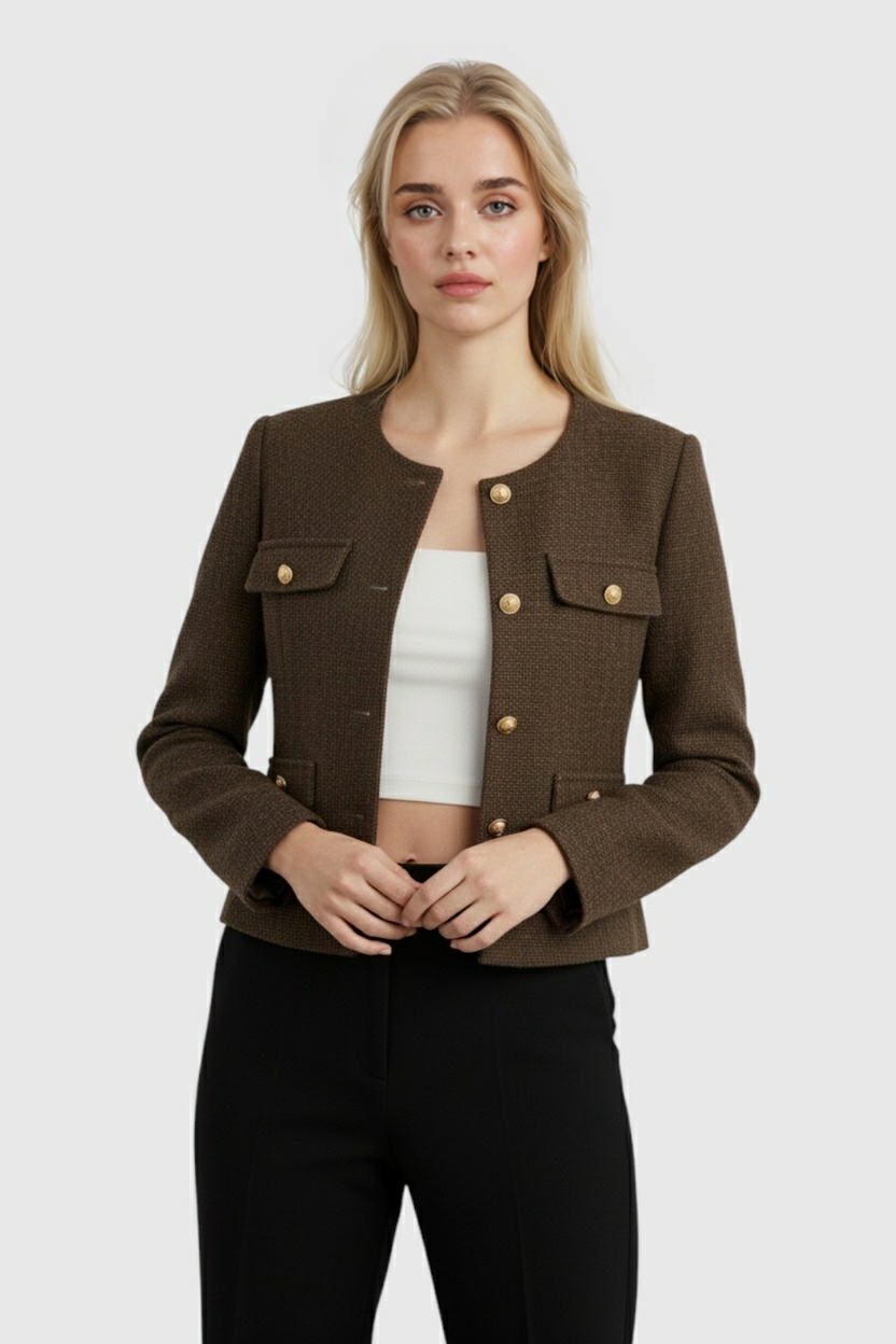 Victoria | Chic Dark Brown Short Jacket with Tailored Fit - Lumina