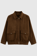 Victoria | Chic Dark Brown Suede Bomber Jacket with Zipper Closure - Lumina
