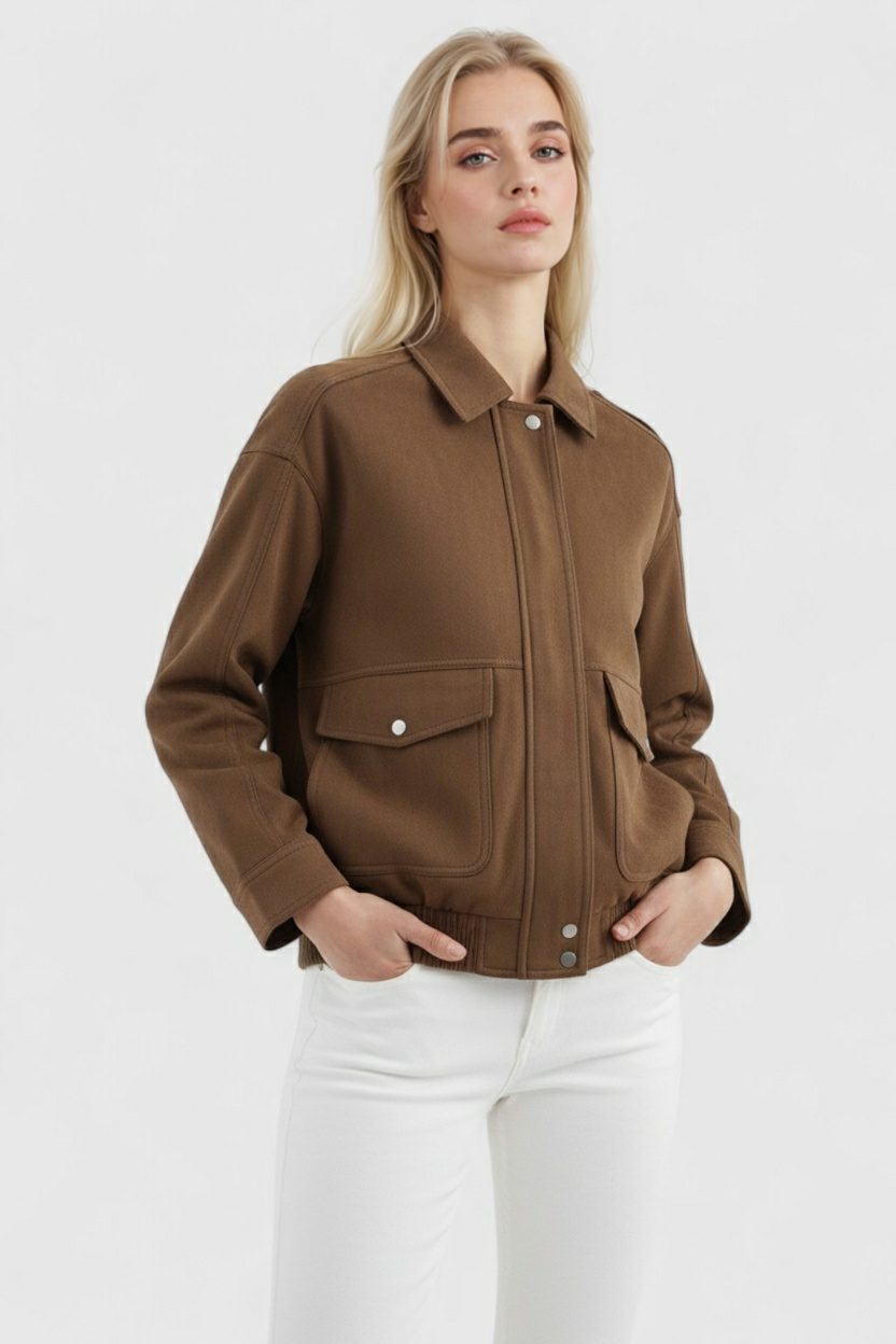 Victoria | Chic Dark Brown Suede Bomber Jacket with Zipper Closure - Lumina