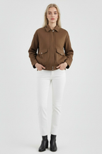 Victoria | Chic Dark Brown Suede Bomber Jacket with Zipper Closure - Lumina