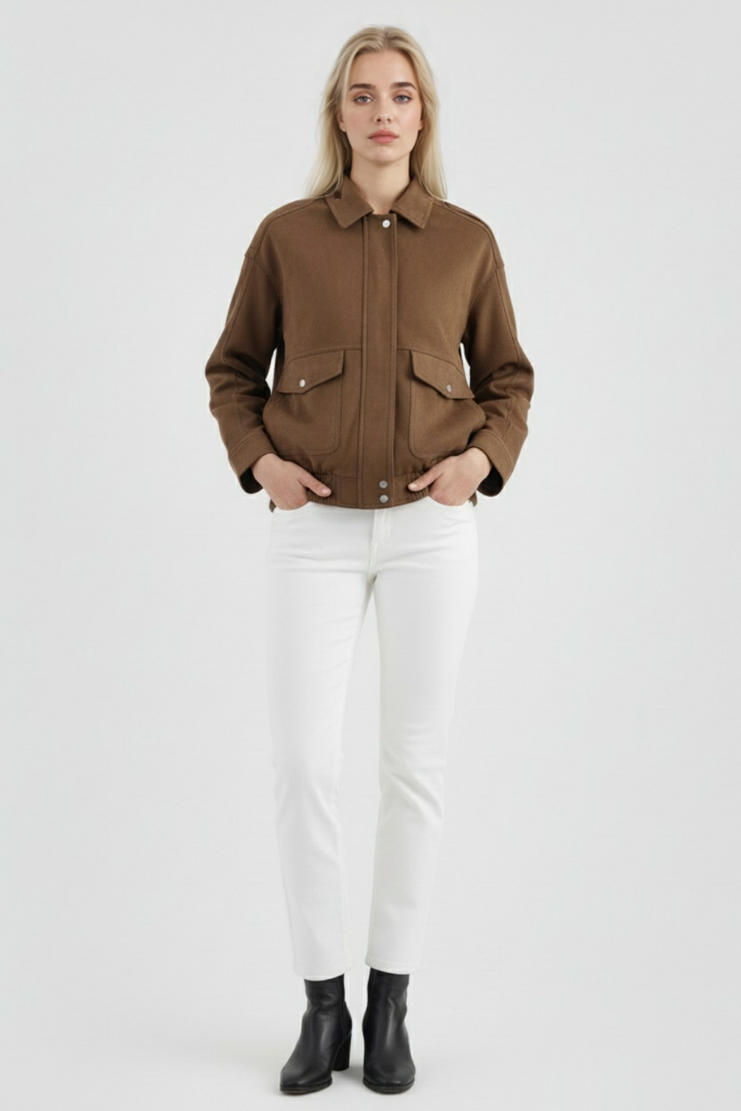 Victoria | Chic Dark Brown Suede Bomber Jacket with Zipper Closure - Lumina