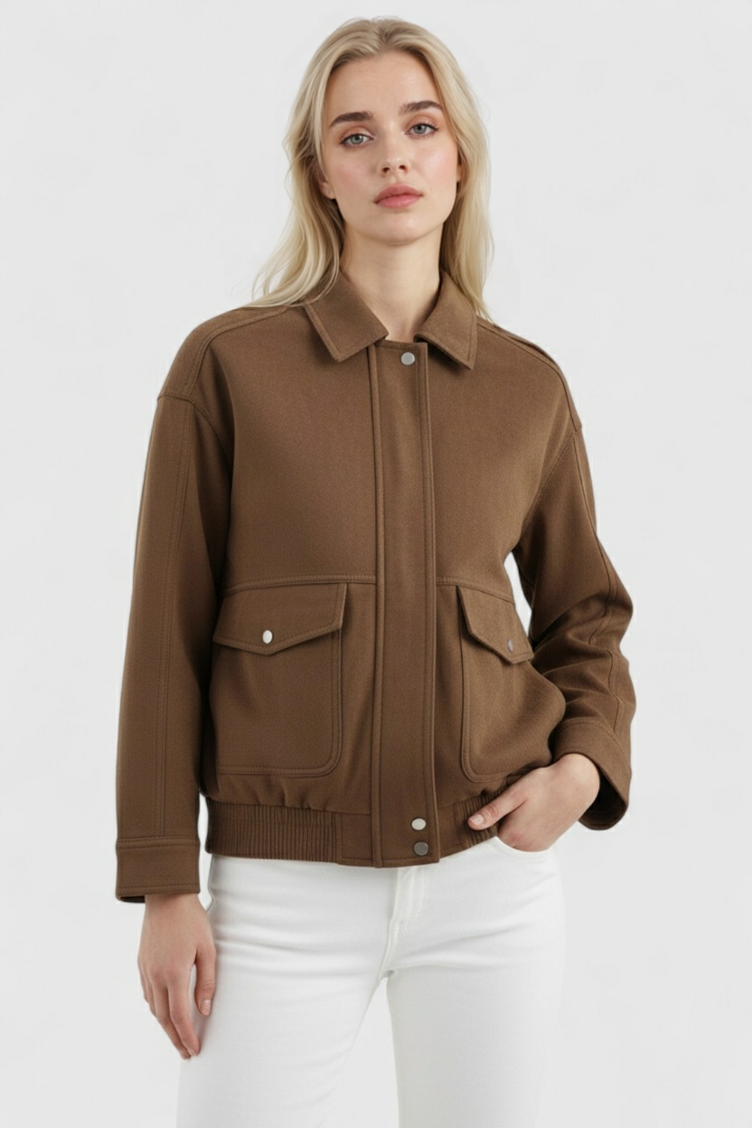 Victoria | Chic Dark Brown Suede Bomber Jacket with Zipper Closure - Lumina