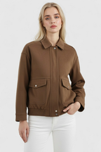 Victoria | Chic Dark Brown Suede Bomber Jacket with Zipper Closure - Lumina