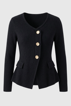 Victoria | Cozy Black Knit Cardigan with Ribbed Details - Lumina