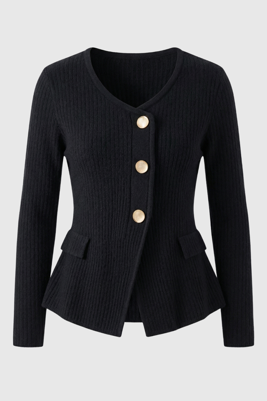 Victoria | Cozy Black Knit Cardigan with Ribbed Details - Lumina