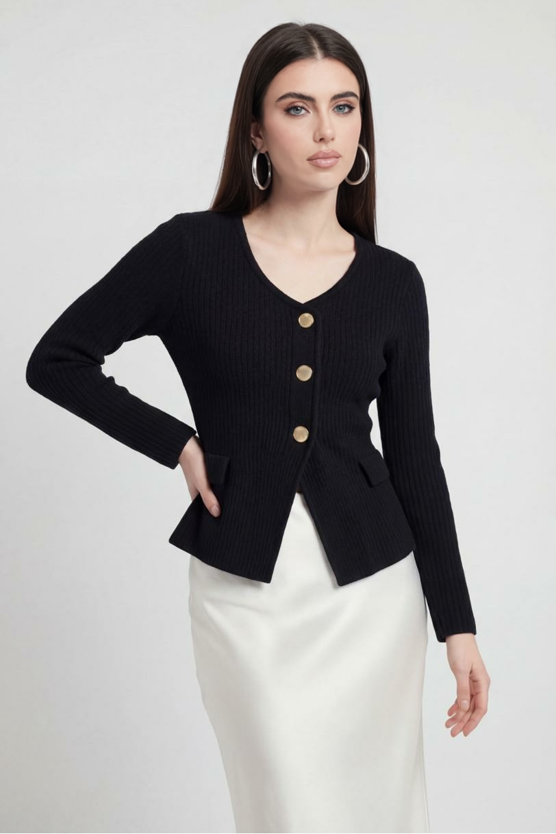 Victoria | Cozy Black Knit Cardigan with Ribbed Details - Lumina