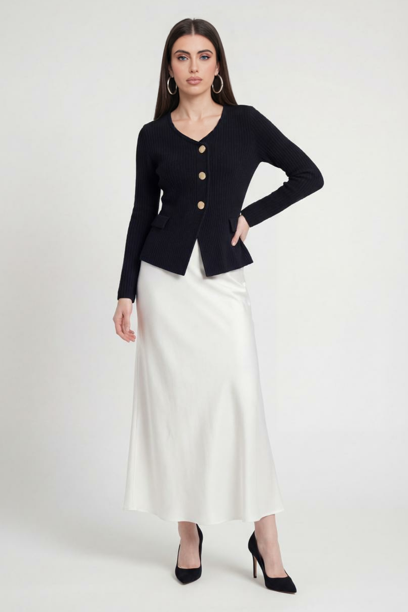 Victoria | Cozy Black Knit Cardigan with Ribbed Details - Lumina