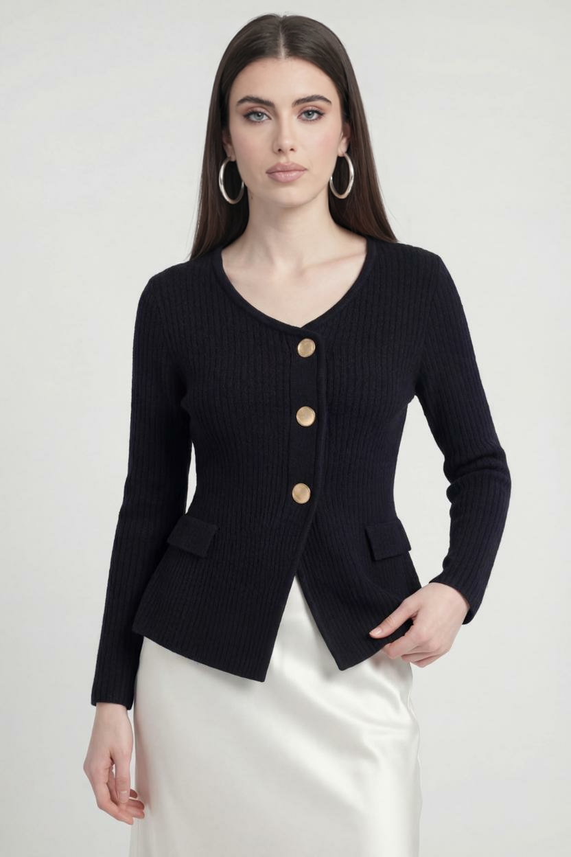 Victoria | Cozy Black Knit Cardigan with Ribbed Details - Lumina