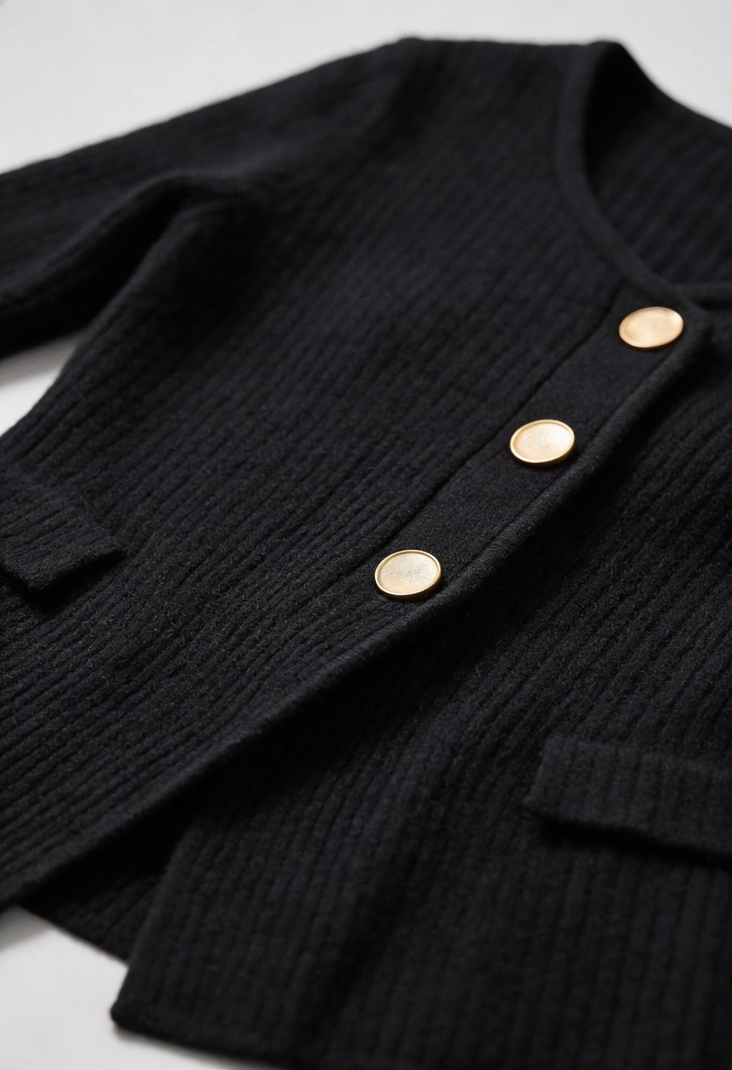 Victoria | Cozy Black Knit Cardigan with Ribbed Details - Lumina