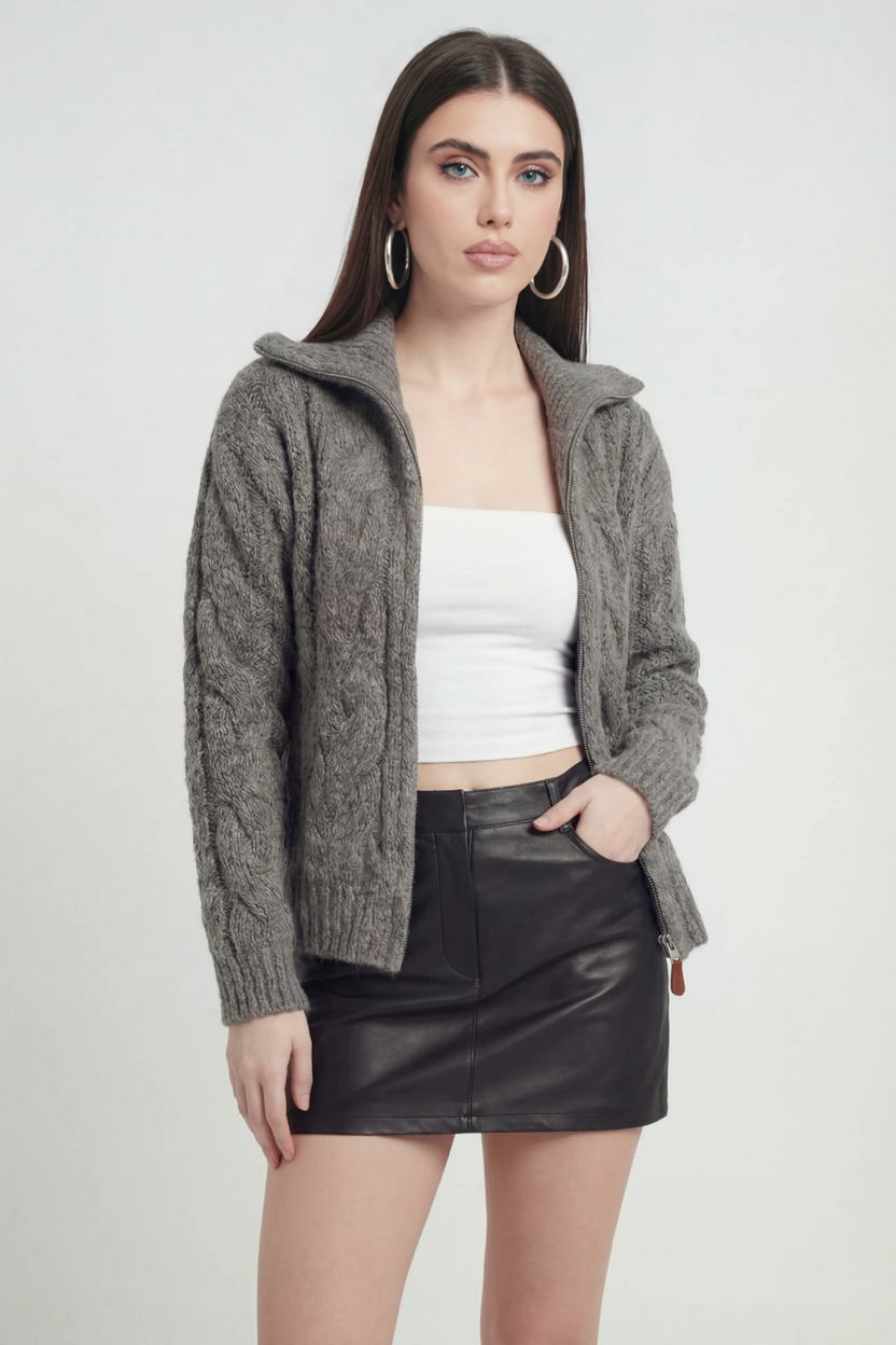 Victoria | Cozy Gray Cardigan Sweater with Zipper Detail - Lumina