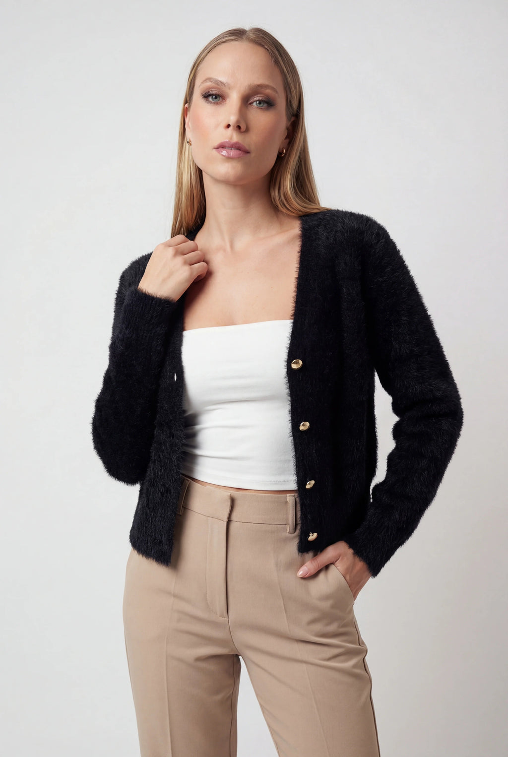 Victoria | Cozy Long Black Cardigan Sweater with Open Front Design - Lumina