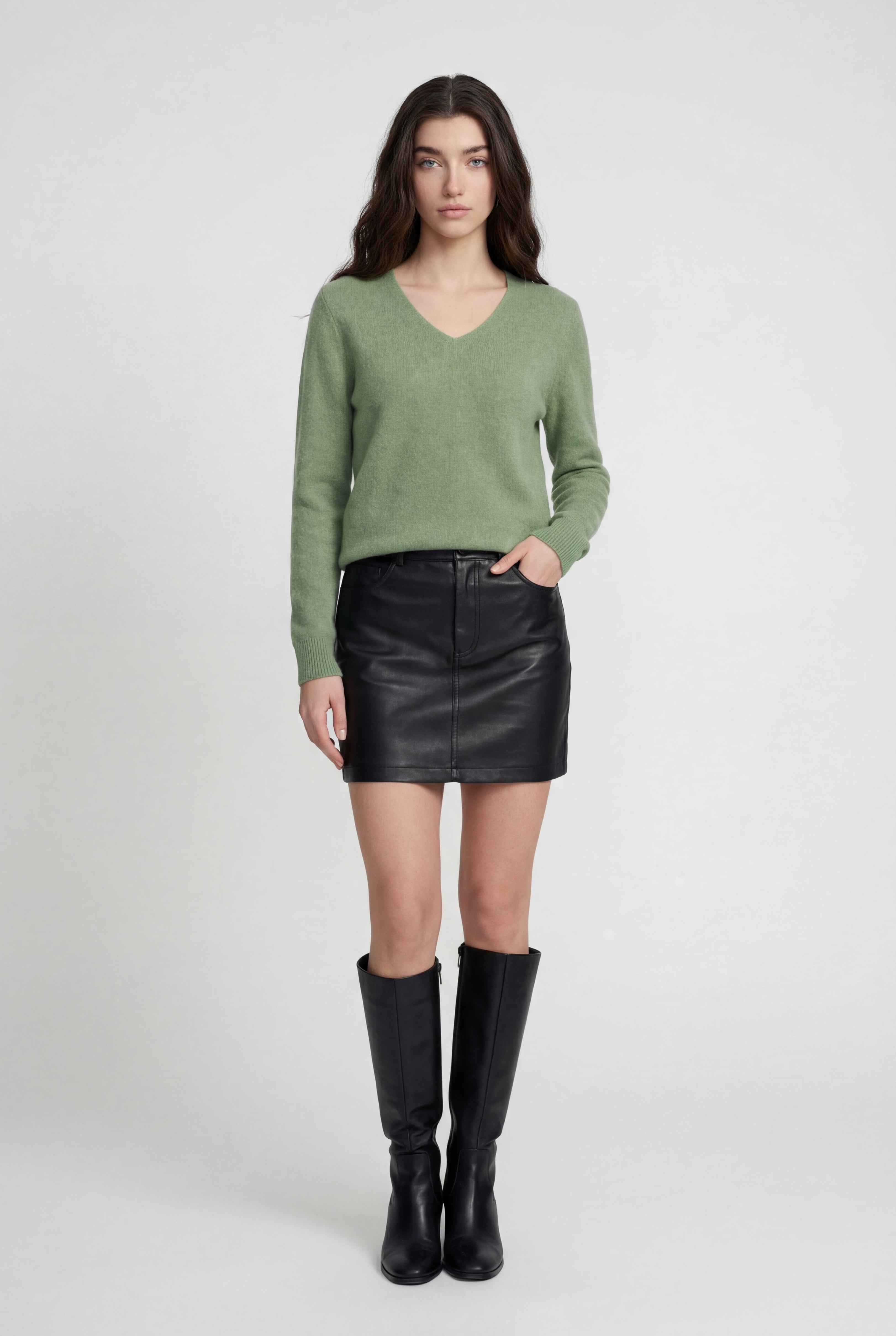 Victoria | Cozy Olive Green Sweater with Flattering V-Neck - Lumina