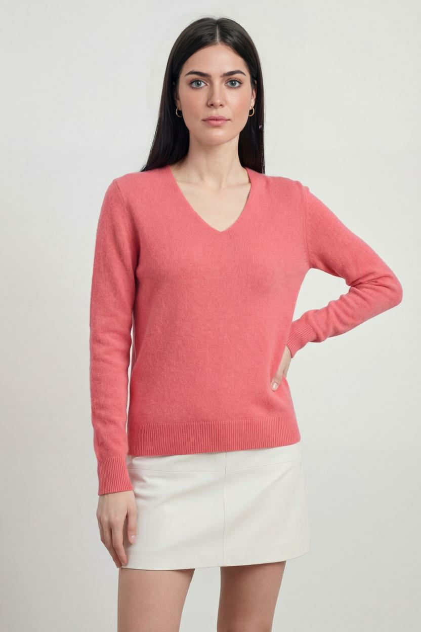 Victoria | Cozy Pink Red V-Neck Sweater with Flattering Fit - Lumina