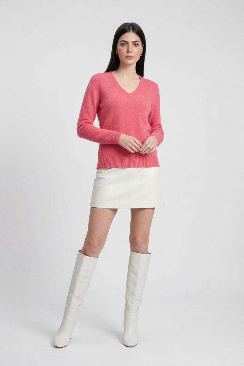 Victoria | Cozy Pink Red V-Neck Sweater with Flattering Fit - Lumina